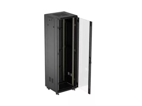 Lanberg FF01-6642-12B 19" 42U SZÉL:600mm MÉLY:600mm MAG:2047mm lapraszerelt üvegajtós fekete álló rack szekrény