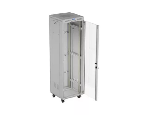 Lanberg FF01-6642-12SL 19" 42U SZÉL:600mm MÉLY:600mm MAG:2121mm lapraszerelt LCD üvegajtós szürke álló rack szekrény