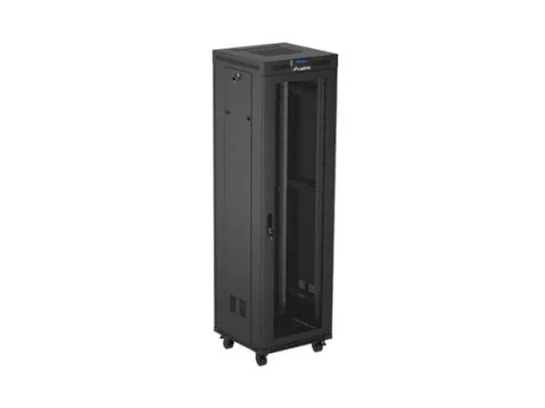 Lanberg FF01-6642-23BL 19" 42U SZÉL:600mm MÉLY:600mm MAG:2127mm lapraszerelt LCD hálós fémajtós fekete álló rack szekrény