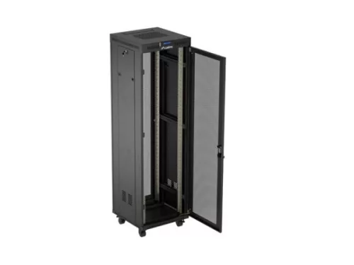 Lanberg FF01-6642-23BL 19" 42U SZÉL:600mm MÉLY:600mm MAG:2127mm lapraszerelt LCD hálós fémajtós fekete álló rack szekrény