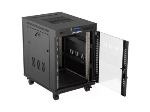 Lanberg FF01-6815-12BL 19" 15U SZÉL:600mm MÉLY:800mm MAG:898mm lapraszerelt LCD üvegajtós fekete álló rack szekrény