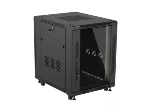 Lanberg FF01-6815-12B 19" 15U SZÉL:600mm MÉLY:800mm MAG:848mm lapraszerelt üvegajtós fekete rack álló szekrény