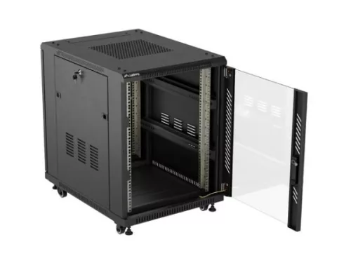 Lanberg FF01-6815-12B 19" 15U SZÉL:600mm MÉLY:800mm MAG:848mm lapraszerelt üvegajtós fekete rack álló szekrény