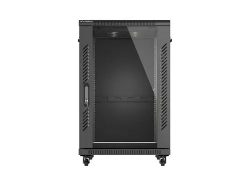 Lanberg FF01-6818-12B 19" 18U SZÉL:600mm MÉLY:800mm MAG:900mm lapraszerelt üvegajtós fekete álló rack szekrény