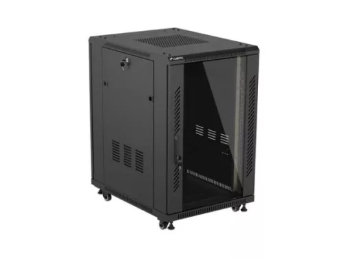 Lanberg FF01-6818-12B 19" 18U SZÉL:600mm MÉLY:800mm MAG:900mm lapraszerelt üvegajtós fekete álló rack szekrény