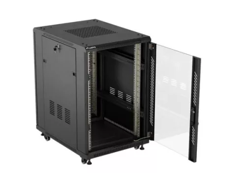 Lanberg FF01-6818-12B 19" 18U SZÉL:600mm MÉLY:800mm MAG:900mm lapraszerelt üvegajtós fekete álló rack szekrény