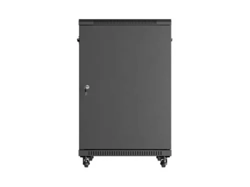 Lanberg FF01-6818-12B 19" 18U SZÉL:600mm MÉLY:800mm MAG:900mm lapraszerelt üvegajtós fekete álló rack szekrény