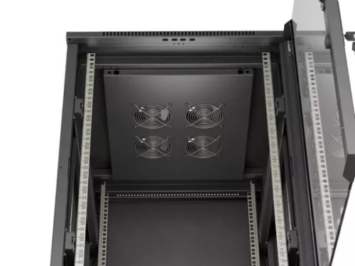 Lanberg FF01-6818-12B 19" 18U SZÉL:600mm MÉLY:800mm MAG:900mm lapraszerelt üvegajtós fekete álló rack szekrény