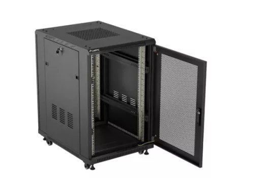 Lanberg FF01-6818-23B 19" 18U SZÉL:600mm MÉLY:800mm MAG:900mm lapraszerelt hálós fémajtós fekete álló rack szekrény
