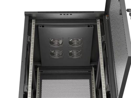 Lanberg FF01-6818-23B 19" 18U SZÉL:600mm MÉLY:800mm MAG:900mm lapraszerelt hálós fémajtós fekete álló rack szekrény