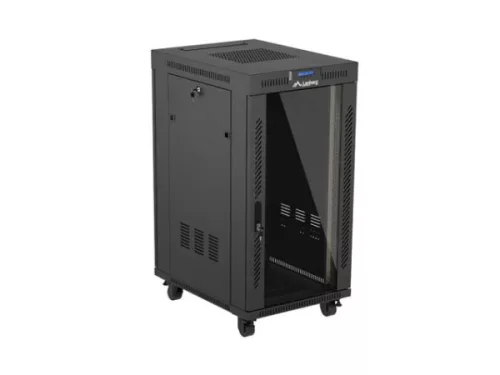 Lanberg FF01-6822-12BL 19" 22U SZÉL:600mm MÉLY:800mm MAG:1239mm lapraszerelt LCD üvegajtós fekete álló rack szekrény