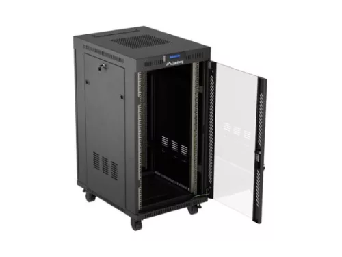 Lanberg FF01-6822-12BL 19" 22U SZÉL:600mm MÉLY:800mm MAG:1239mm lapraszerelt LCD üvegajtós fekete álló rack szekrény