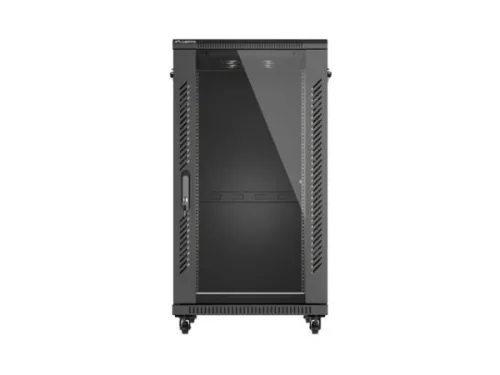 Lanberg FF01-6822-12B 19" 22U SZÉL:600mm MÉLY:800mm MAG:1159mm lapraszerelt üvegajtós fekete álló rack szekrény
