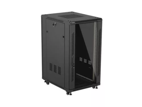 Lanberg FF01-6822-12B 19" 22U SZÉL:600mm MÉLY:800mm MAG:1159mm lapraszerelt üvegajtós fekete álló rack szekrény