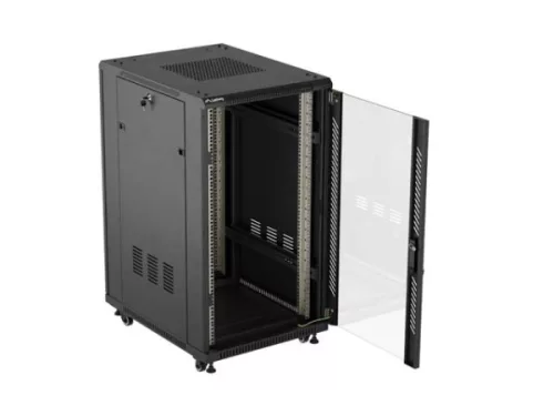 Lanberg FF01-6822-12B 19" 22U SZÉL:600mm MÉLY:800mm MAG:1159mm lapraszerelt üvegajtós fekete álló rack szekrény