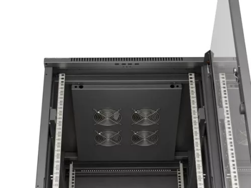 Lanberg FF01-6822-12B 19" 22U SZÉL:600mm MÉLY:800mm MAG:1159mm lapraszerelt üvegajtós fekete álló rack szekrény
