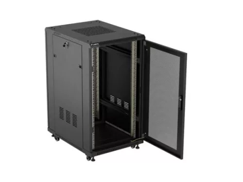 Lanberg FF01-6822-23B 19" 22U SZÉL:600mm MÉLY:800mm MAG:1159mm lapraszerelt hálós fémajtós fekete álló rack szekrény