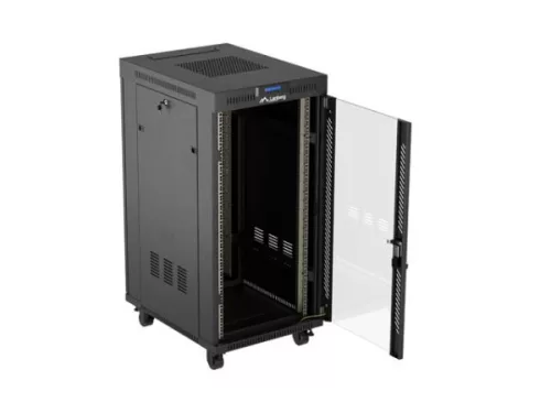 Lanberg FF01-6824-12BL 19" 42U SZÉL:600mm MÉLY:800mm MAG:1320mm lapraszerelt LCD üvegajtós fekete álló rack szekrény