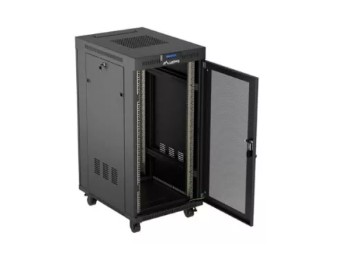 Lanberg FF01-6824-23BL 19" 42U SZÉL:600mm MÉLY:800mm MAG:1320mm lapraszerelt LCD hálós fémajtós fekete álló rack szekrény