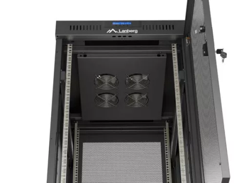 Lanberg FF01-6824-23BL 19" 42U SZÉL:600mm MÉLY:800mm MAG:1320mm lapraszerelt LCD hálós fémajtós fekete álló rack szekrény