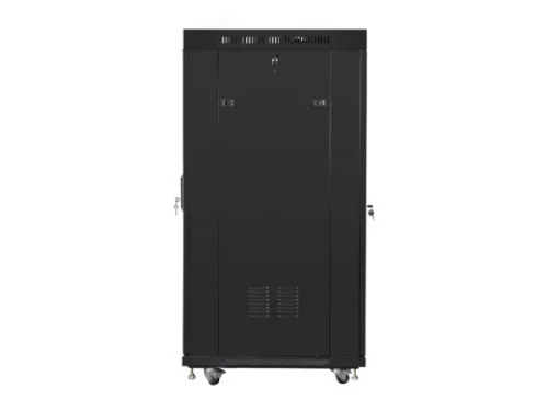 Lanberg FF01-6827-12BL 19" 27U SZÉL:600mm MÉLY:800mm MAG:1431mm lapraszerelt LCD üvegajtós fekete álló rack szekrény
