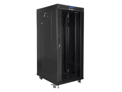 Lanberg FF01-6827-12BL 19" 27U SZÉL:600mm MÉLY:800mm MAG:1431mm lapraszerelt LCD üvegajtós fekete álló rack szekrény