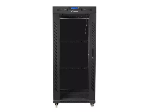 Lanberg FF01-6827-12BL 19" 27U SZÉL:600mm MÉLY:800mm MAG:1431mm lapraszerelt LCD üvegajtós fekete álló rack szekrény