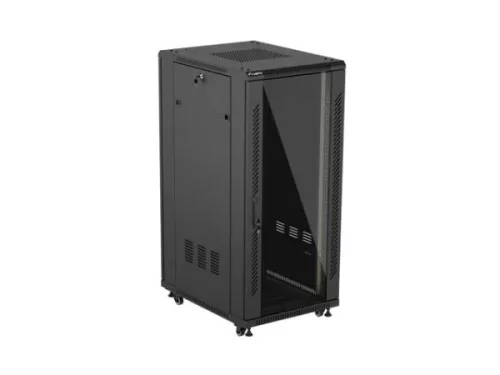 Lanberg FF01-6827-12B 19" 27U SZÉL:600mm MÉLY:800mm MAG:1381mm lapraszerelt üvegajtós fekete álló rack szekrény