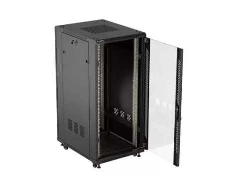 Lanberg FF01-6827-12B 19" 27U SZÉL:600mm MÉLY:800mm MAG:1381mm lapraszerelt üvegajtós fekete álló rack szekrény