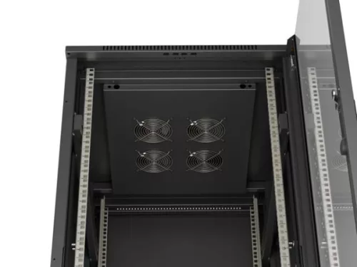 Lanberg FF01-6827-12B 19" 27U SZÉL:600mm MÉLY:800mm MAG:1381mm lapraszerelt üvegajtós fekete álló rack szekrény