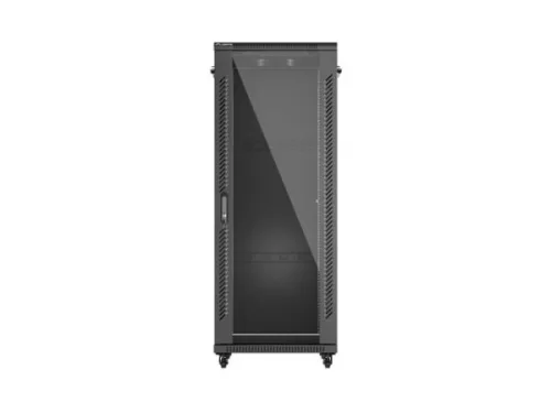 Lanberg FF01-6832-12B 19" 32U SZÉL:600mm MÉLY:800mm MAG:1603mm lapraszerelt üvegajtós fekete álló rack szekrény