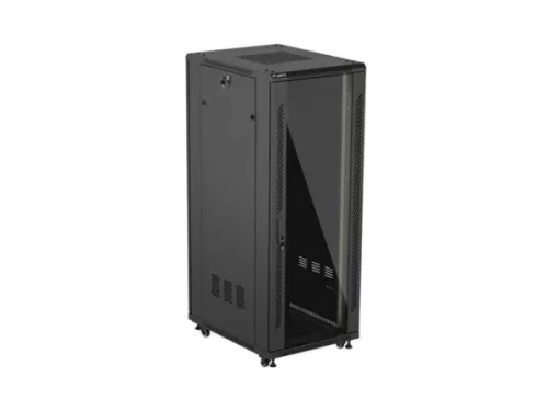 Lanberg FF01-6832-12B 19" 32U SZÉL:600mm MÉLY:800mm MAG:1603mm lapraszerelt üvegajtós fekete álló rack szekrény