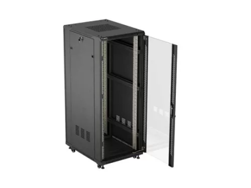 Lanberg FF01-6832-12B 19" 32U SZÉL:600mm MÉLY:800mm MAG:1603mm lapraszerelt üvegajtós fekete álló rack szekrény