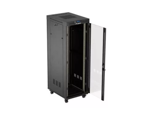 Lanberg FF01-6837-12BL 19" 37U SZÉL:600mm MÉLY:800mm MAG:1900mm lapraszerelt LCD üvegajtós fekete álló rack szekrény