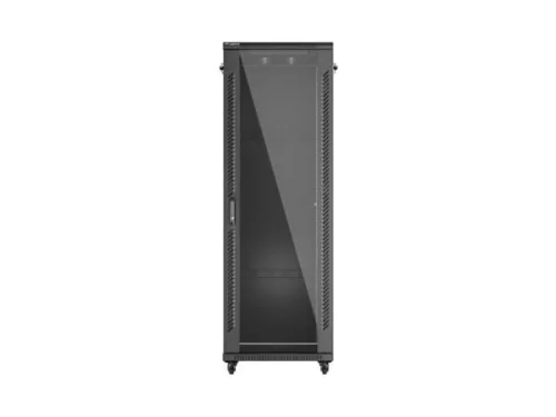 Lanberg FF01-6837-12B 19" 37U SZÉL:600mm MÉLY:800mm MAG:1826mm lapraszerelt üvegajtós fekete álló rack szekrény