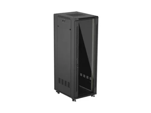 Lanberg FF01-6837-12B 19" 37U SZÉL:600mm MÉLY:800mm MAG:1826mm lapraszerelt üvegajtós fekete álló rack szekrény