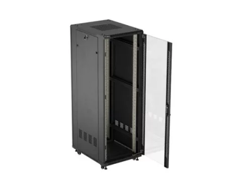 Lanberg FF01-6837-12B 19" 37U SZÉL:600mm MÉLY:800mm MAG:1826mm lapraszerelt üvegajtós fekete álló rack szekrény