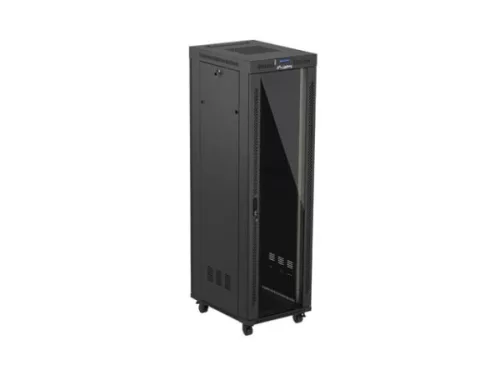 Lanberg FF01-6842-12BL 19" 42U SZÉL:600mm MÉLY:800mm MAG:2097mm lapraszerelt LCD üvegajtós fekete álló rack szekrény