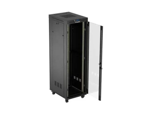 Lanberg FF01-6842-12BL 19" 42U SZÉL:600mm MÉLY:800mm MAG:2097mm lapraszerelt LCD üvegajtós fekete álló rack szekrény