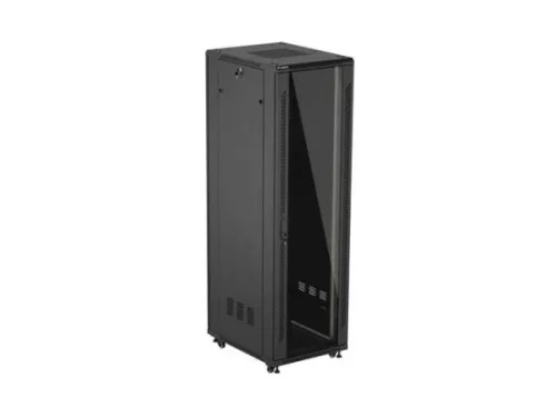 Lanberg FF01-6842-12B 19" 42U SZÉL:600mm MÉLY:800mm MAG:2047mm lapraszerelt üvegajtós fekete álló rack szekrény