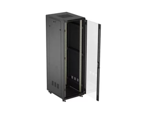 Lanberg FF01-6842-12B 19" 42U SZÉL:600mm MÉLY:800mm MAG:2047mm lapraszerelt üvegajtós fekete álló rack szekrény