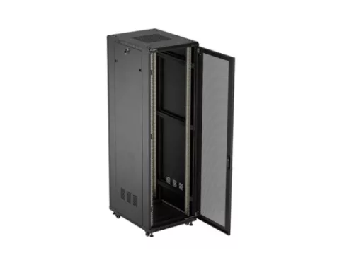 Lanberg FF01-6842-23B 19" 42U SZÉL:600mm MÉLY:800mm MAG:2047mm lapraszerelt hálós fémajtós fekete álló rack szekrény