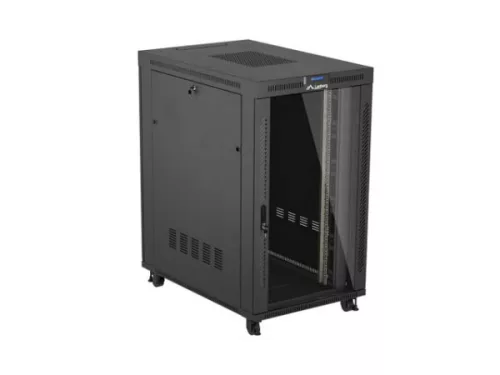 Lanberg FF01-8227-12BL 19" 27U SZÉL:800mm MÉLY:1200mm MAG:1456mm lapraszerelt LCD üvegajtós fekete szerver szekrény