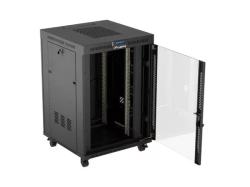 Lanberg FF01-8822-12BL 19" 22U SZÉL:800mm MÉLY:800mm MAG:1239mm lapraszerelt LCD üvegajtós fekete álló rack szekrény