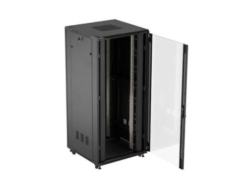 Lanberg FF01-8837-12B 19" 37U SZÉL:800mm MÉLY:800mm MAG:1826mm lapraszerelt üvegajtós fekete álló rack szekrény