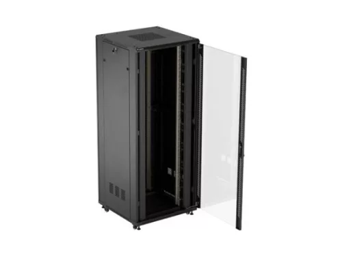 Lanberg FF01-8842-12B 19" 42U SZÉL:800mm MÉLY:800mm MAG:2047mm lapraszerelt üvegajtós fekete álló rack szekrény