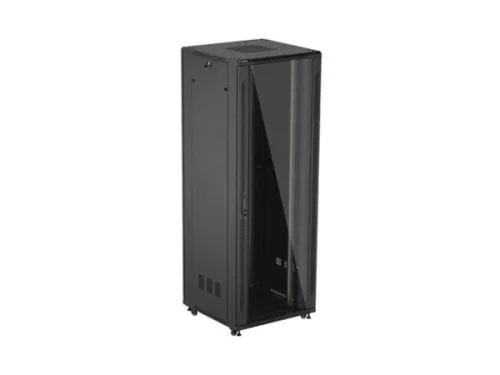 Lanberg FF01-8847-12B 19" 47U SZÉL:800mm MÉLY:800mm MAG:2270mm lapraszerelt üvegajtós fekete álló rack szekrény