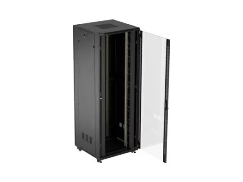 Lanberg FF01-8847-12B 19" 47U SZÉL:800mm MÉLY:800mm MAG:2270mm lapraszerelt üvegajtós fekete álló rack szekrény