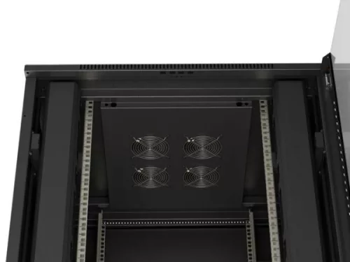 Lanberg FF01-8847-12B 19" 47U SZÉL:800mm MÉLY:800mm MAG:2270mm lapraszerelt üvegajtós fekete álló rack szekrény