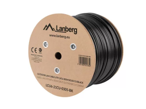 Lanberg LCU6-21CU-0305-BK Cat.6 UTP PE CU Fca 250MHz AWG23 305m árnyékolatlan fekete kültéri kábel